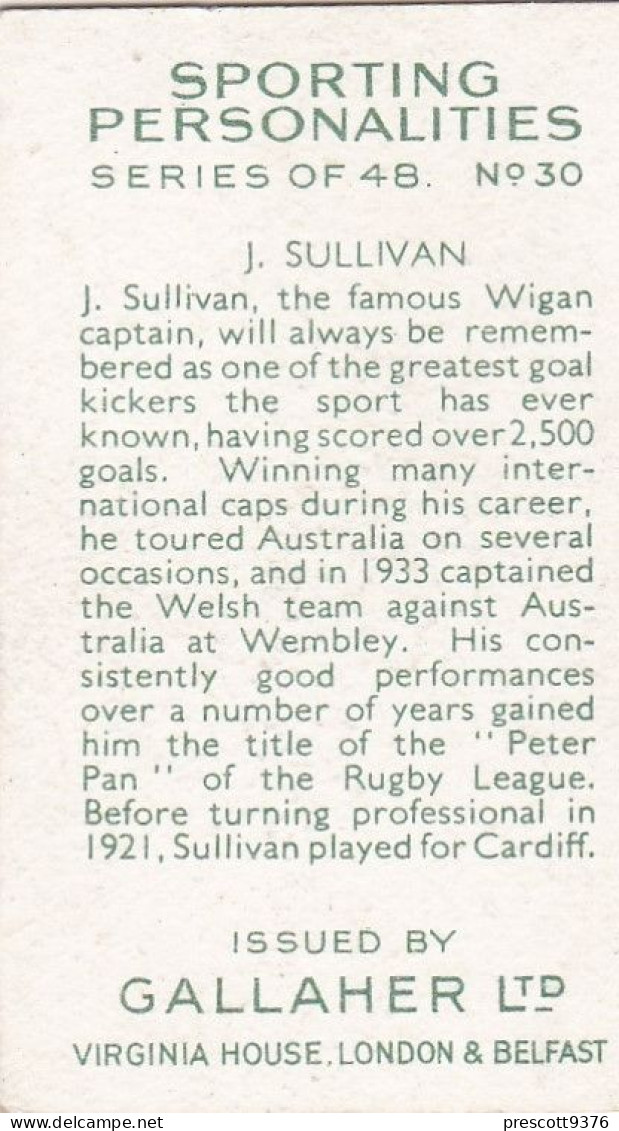 30 Jim Sullivan, Captain Wigan RLFC - Sporting Personalities 1936 - Gallaher Cigarette Card - Original - Sport - - Gallaher