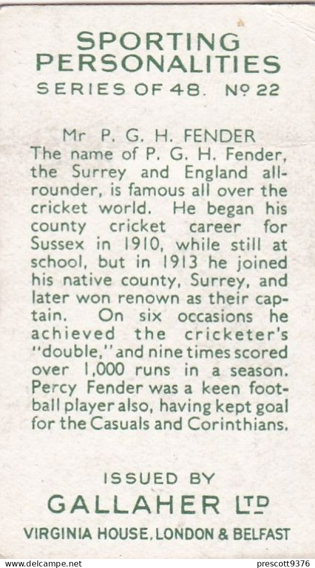 22 Mr PG Fender, Surrey & England Cricketer - Sporting Personalities 1936 - Gallaher Cigarette Card - Original - Sport - - Gallaher