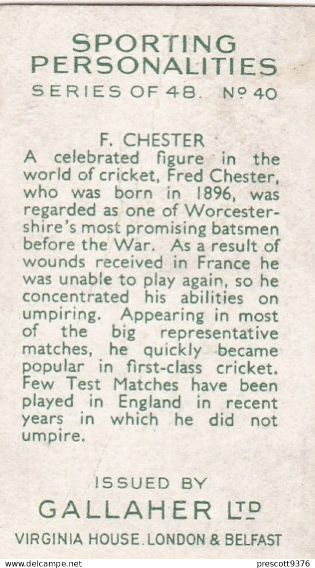 40 Fred Chester, Cricket - Sporting Personalities 1936 - Gallaher Cigarette Card - Original - Sport - - Gallaher