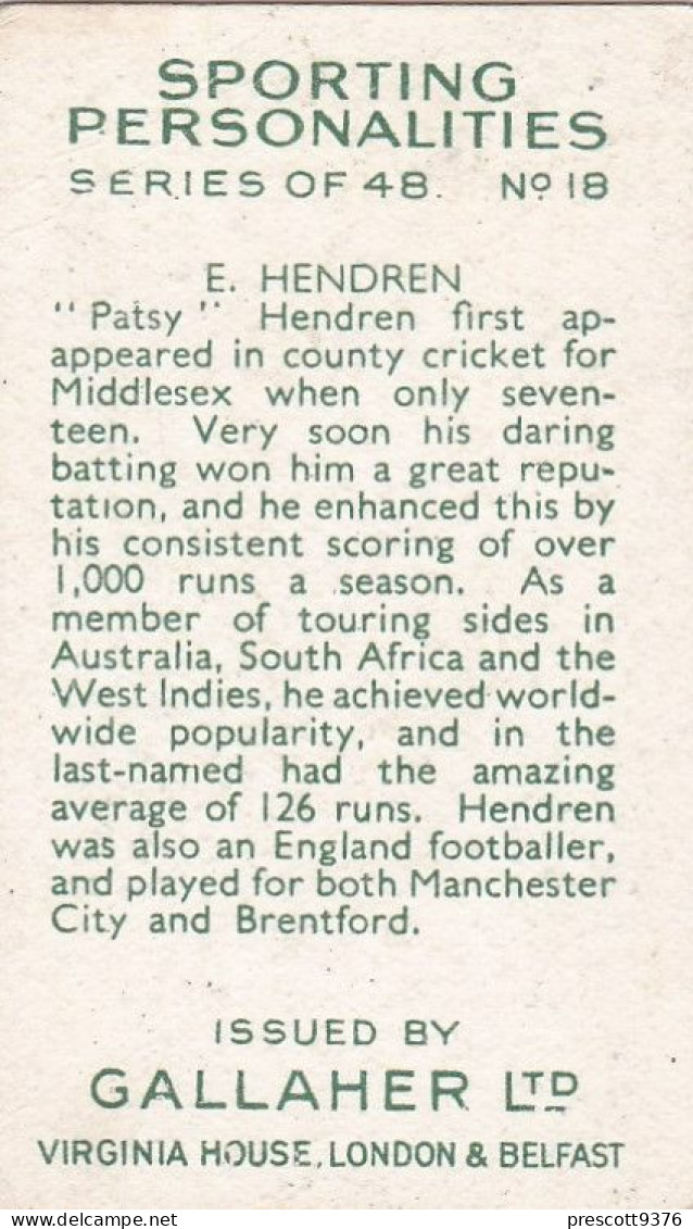 Patsy Hendron England Cricket & Man City Footballer - Sporting Personalities 1936 - Gallaher Cigarette Card - - Gallaher