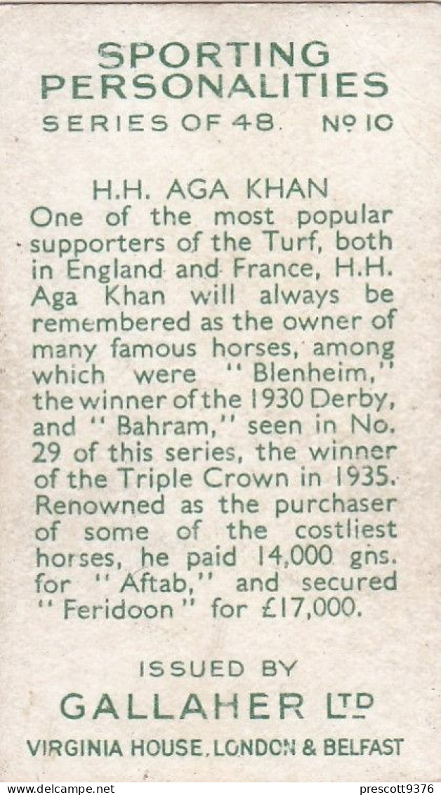 10 The Aga Khan - Sporting Personalities 1936 - Gallaher Cigarette Card - - Gallaher