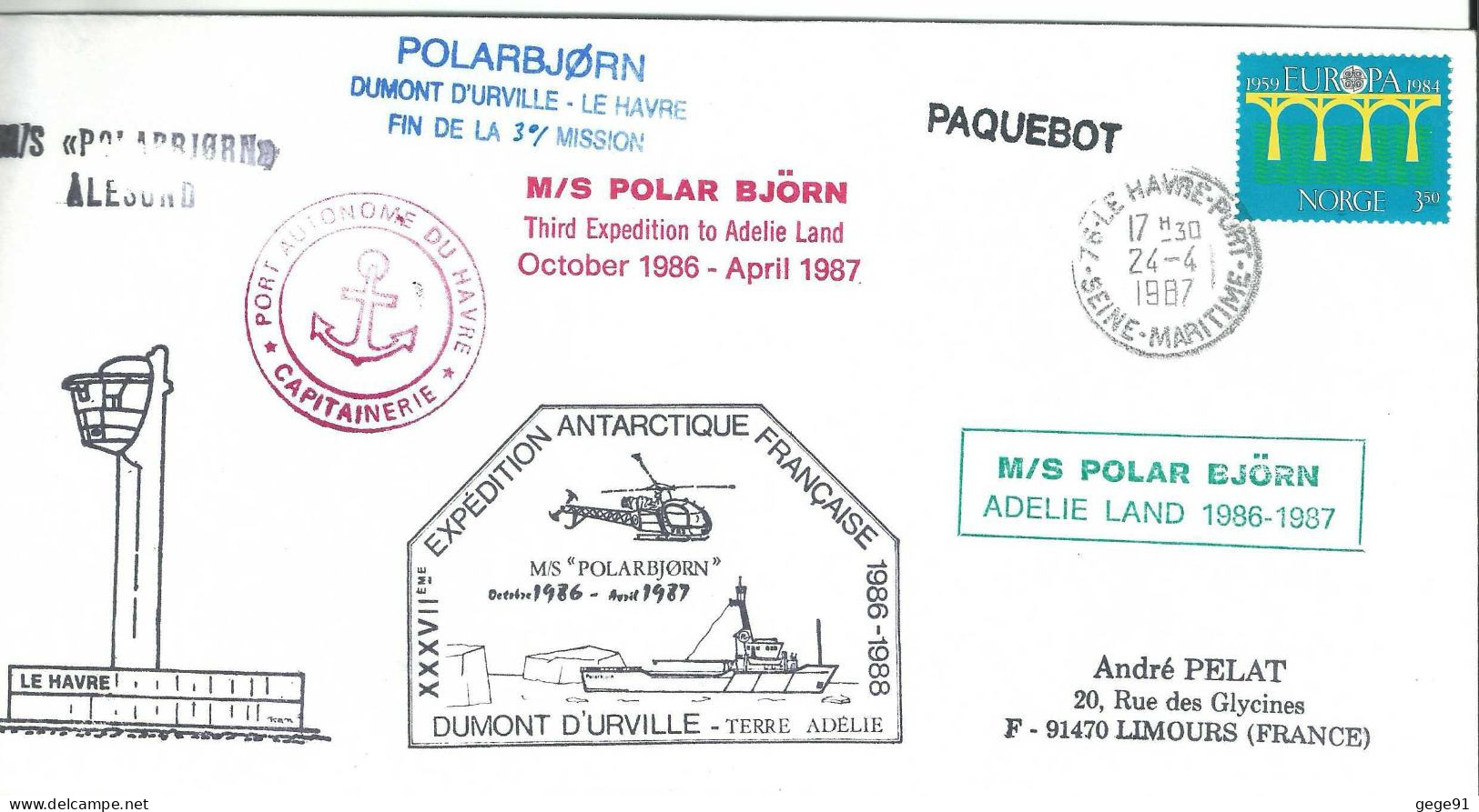 YT 861 Europa - Posté à Bord Du Polarbjorn - Paquebot - Le Havre - 24/10/1986 - Storia Postale