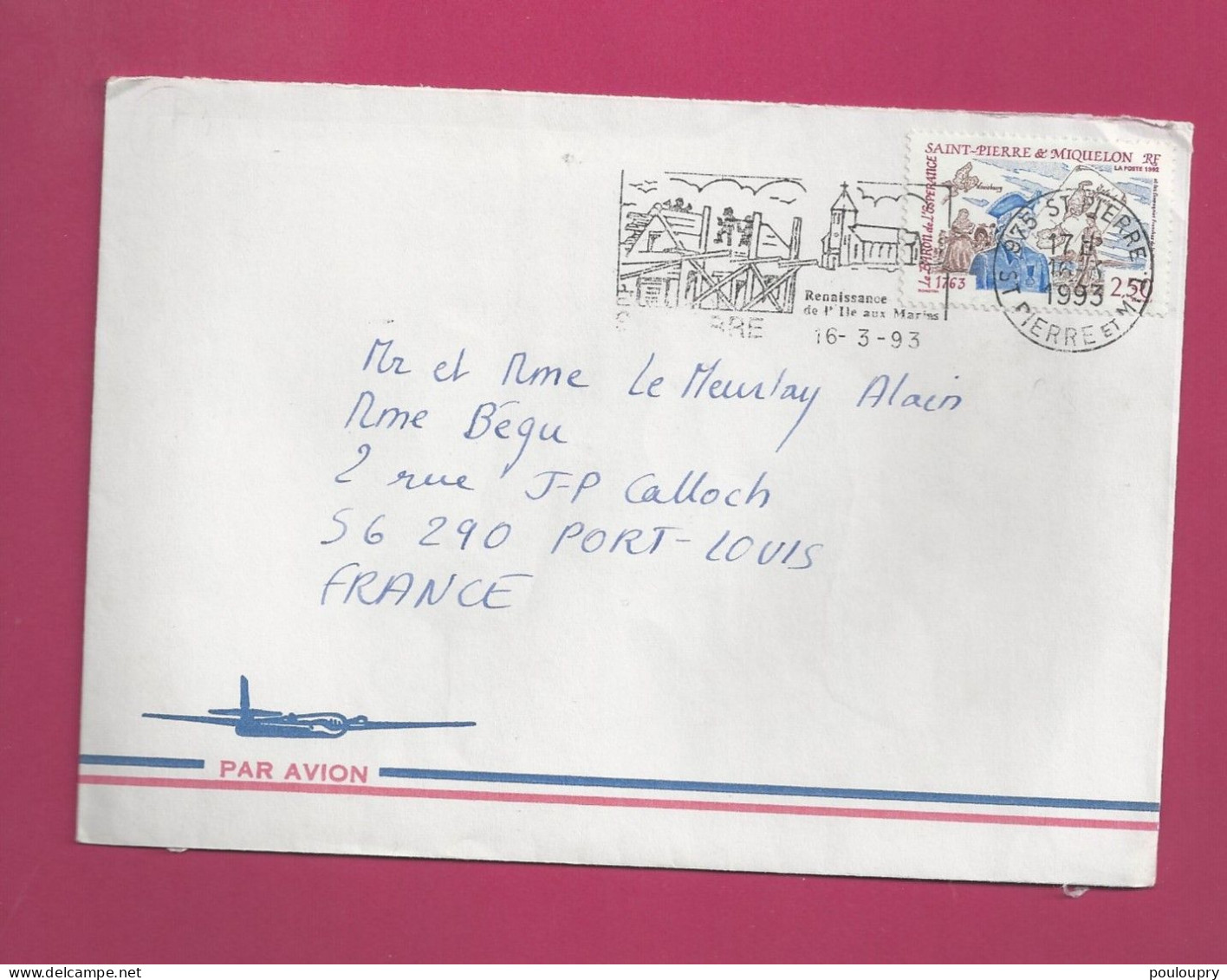 Lettre De1993 Pour La France - YT N° 570 - Seul Sur Lettre - Flamme Renaissance De L'île Aux Marins - Lettres & Documents