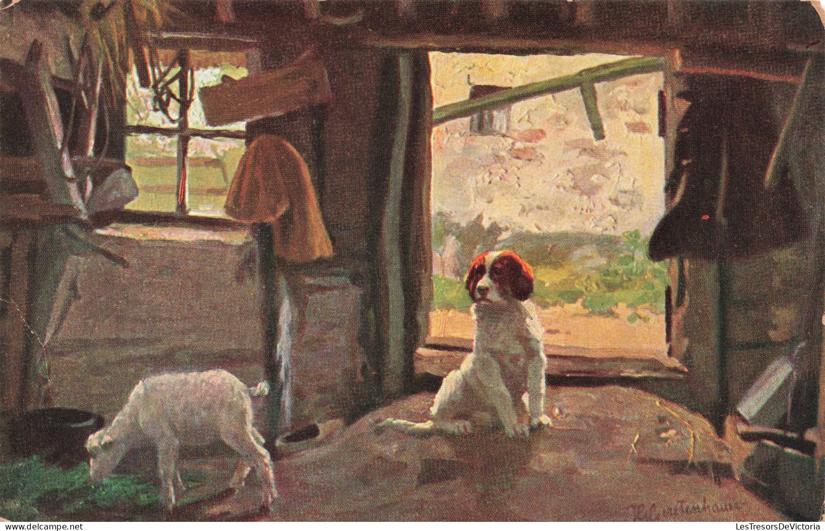 ANIMAUX - Peinture - Chien - Brebis - Carte Postale Ancienne - Honden