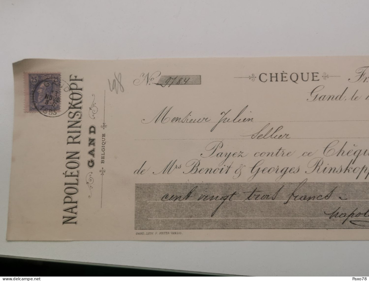Cheque , Napoléon Rinskopf, Gand 1885 Avec Timbre 25C Leopold II - 1893-1900 Schmaler Bart