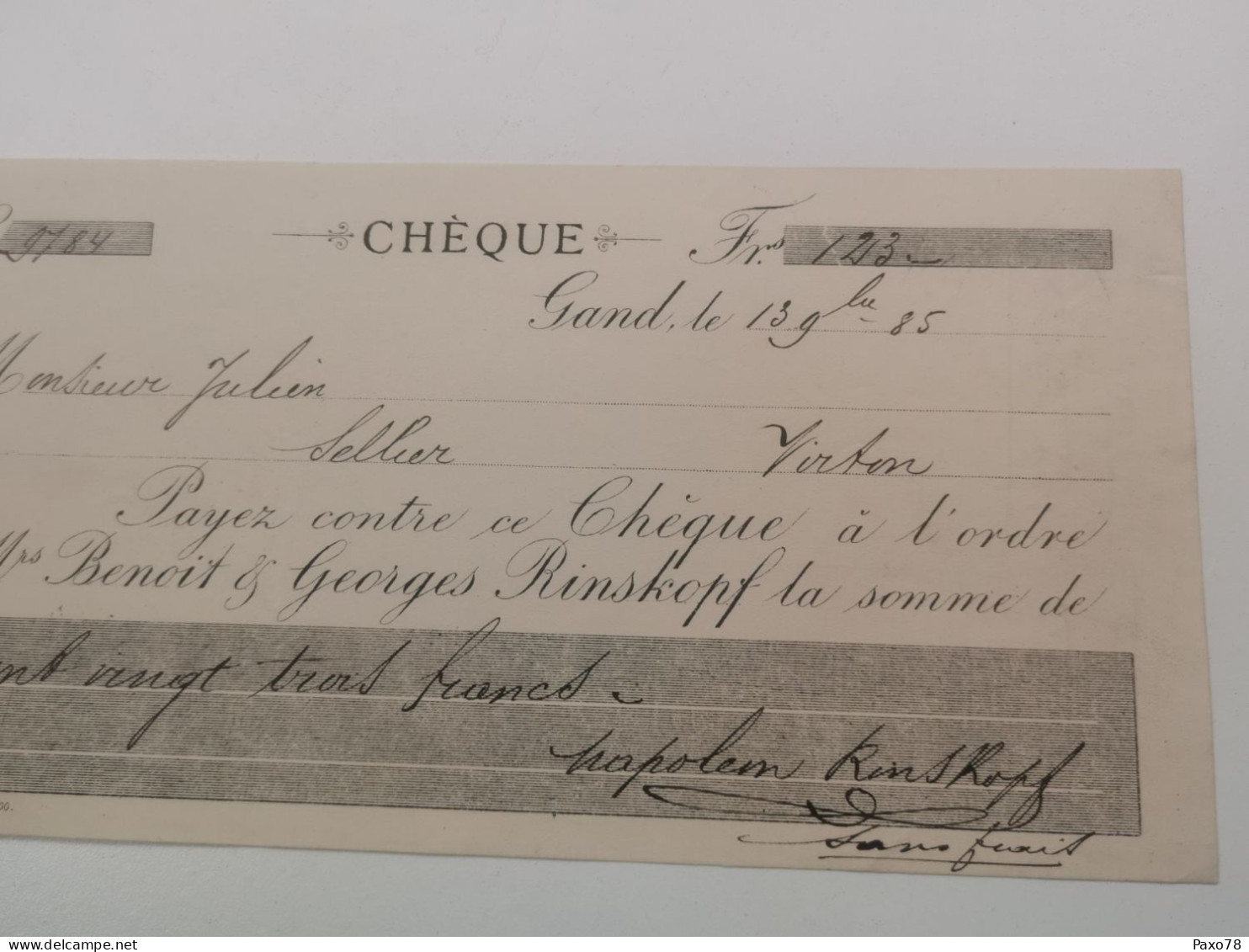 Cheque , Napoléon Rinskopf, Gand 1885 Avec Timbre 25C Leopold II - 1893-1900 Barbas Cortas