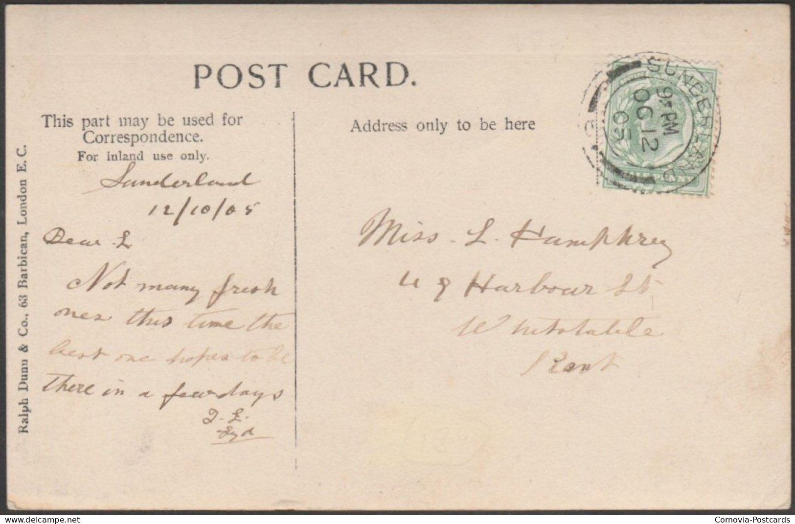 Greetings From Sunderland, Durham, 1905 - Ralph Dunn RP Postcard - Other & Unclassified
