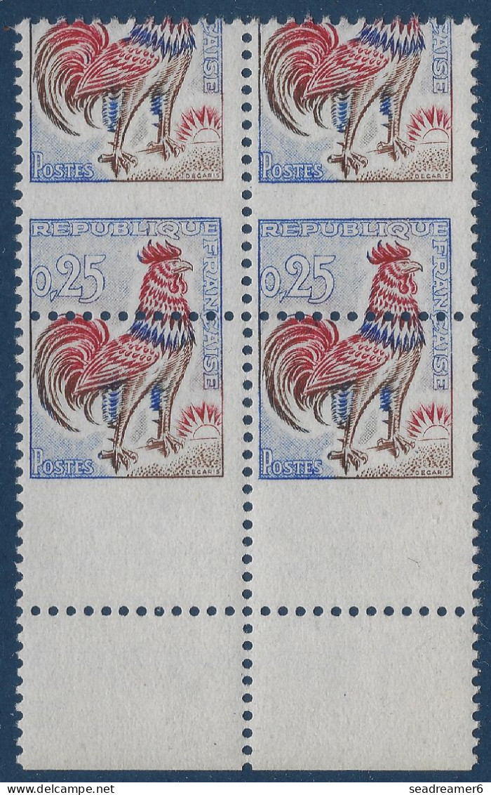 France 1962 Coq N°1331** Bloc De 4 De Feuille Avec Piquage à Cheval Décalé à L'extreme En Bas De Feuille Spectaculaire ! - 1962-1965 Gallo De Decaris