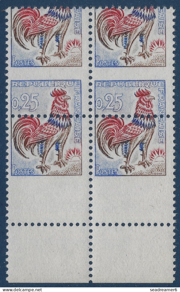 France 1962 Coq N°1331** Bloc De 4 De Feuille Avec Piquage à Cheval Décalé à L'extreme En Bas De Feuille Spectaculaire ! - 1962-1965 Hahn (Decaris)