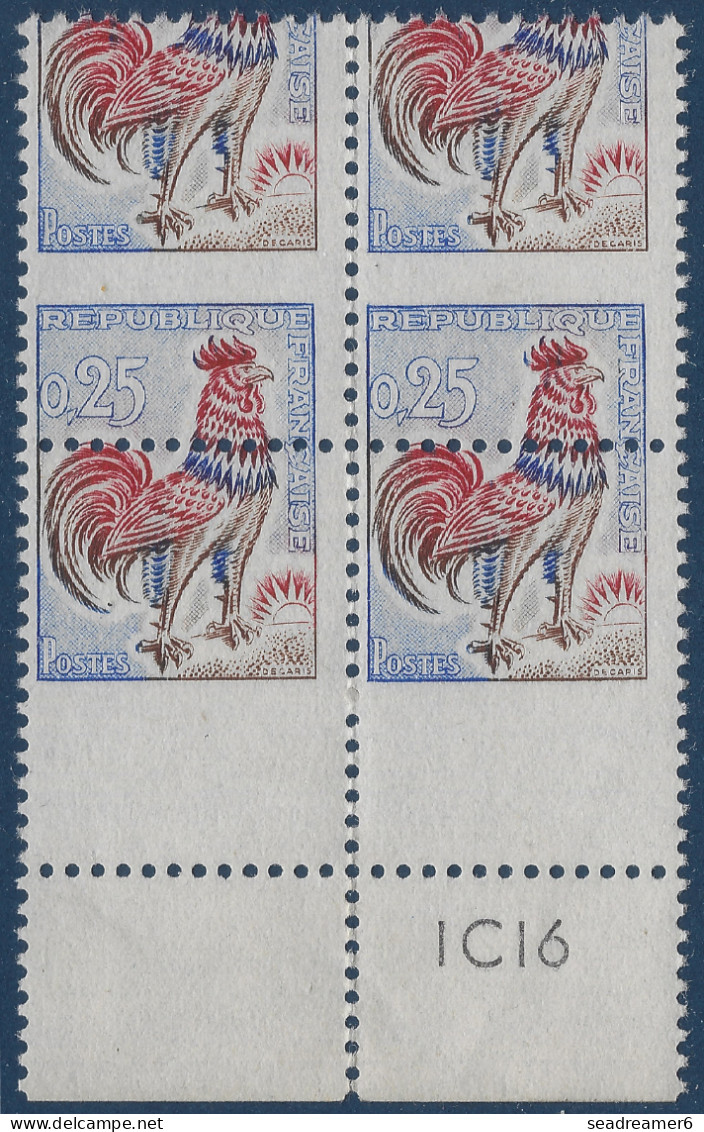 1962 Coq N°1331** Bloc De 4 De Feuille Piquage à Cheval Décalé à L'extreme En Bas De Feuille 51e Tirage Presse 16 ! - 1962-1965 Haan Van Decaris