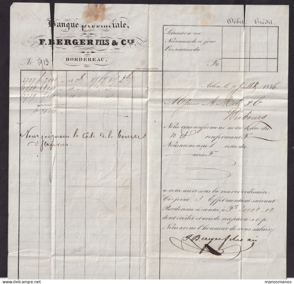 327/40 --  Incoming Mail - Lettre De ARLON 1846 Vers EICH - Après Le Départ - Cachet Banque Berger Fils - ...-1852 Prephilately