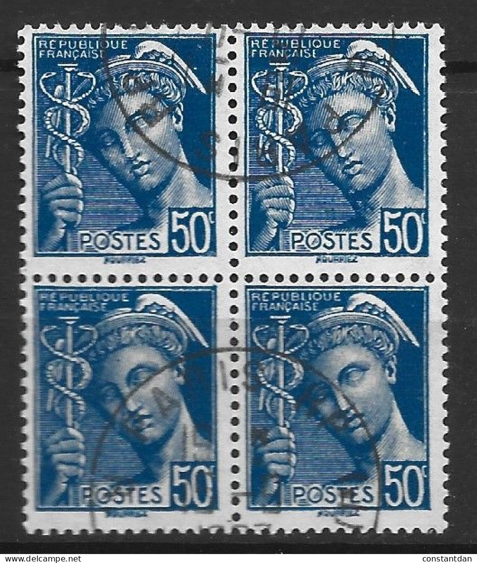 FRANCE N°414A 50C BLEU TYPE MERCURE BLOC  DE 4 OBL - 1938-42 Mercurio