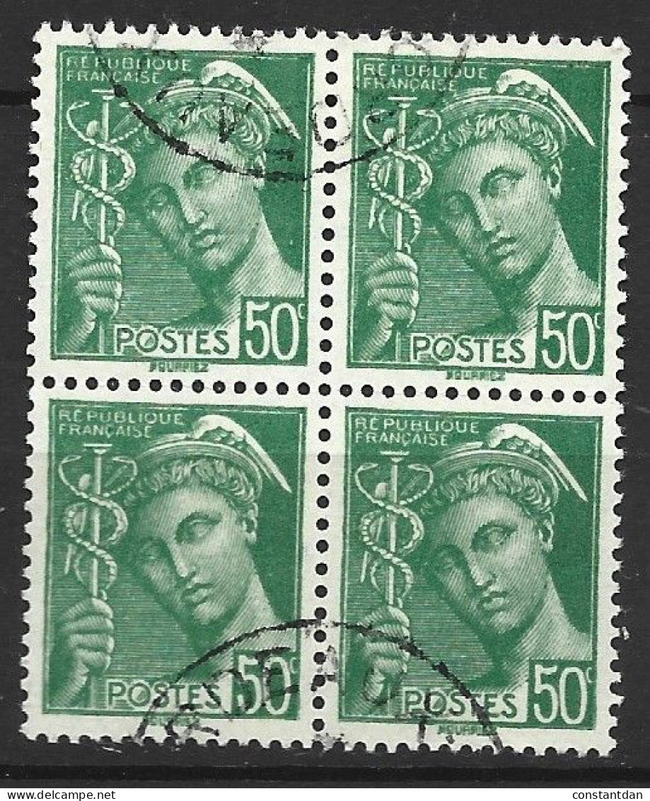 FRANCE N°414B 50C VERT TYPE MERCURE BLOC  DE 4 OBL - 1938-42 Mercure