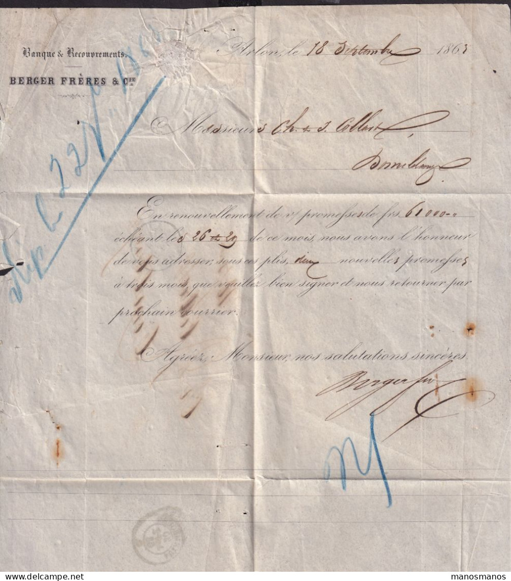 329/40 --  Incoming Mail - Lettre Non Affranchie De ARLON 1863 Vers DOMMELDANGE - Banque Berger Frères - ...-1852 Prefilatelia