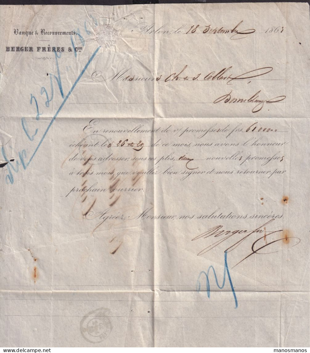 329/40 --  Incoming Mail - Lettre Non Affranchie De ARLON 1863 Vers DOMMELDANGE - Banque Berger Frères - ...-1852 Préphilatélie