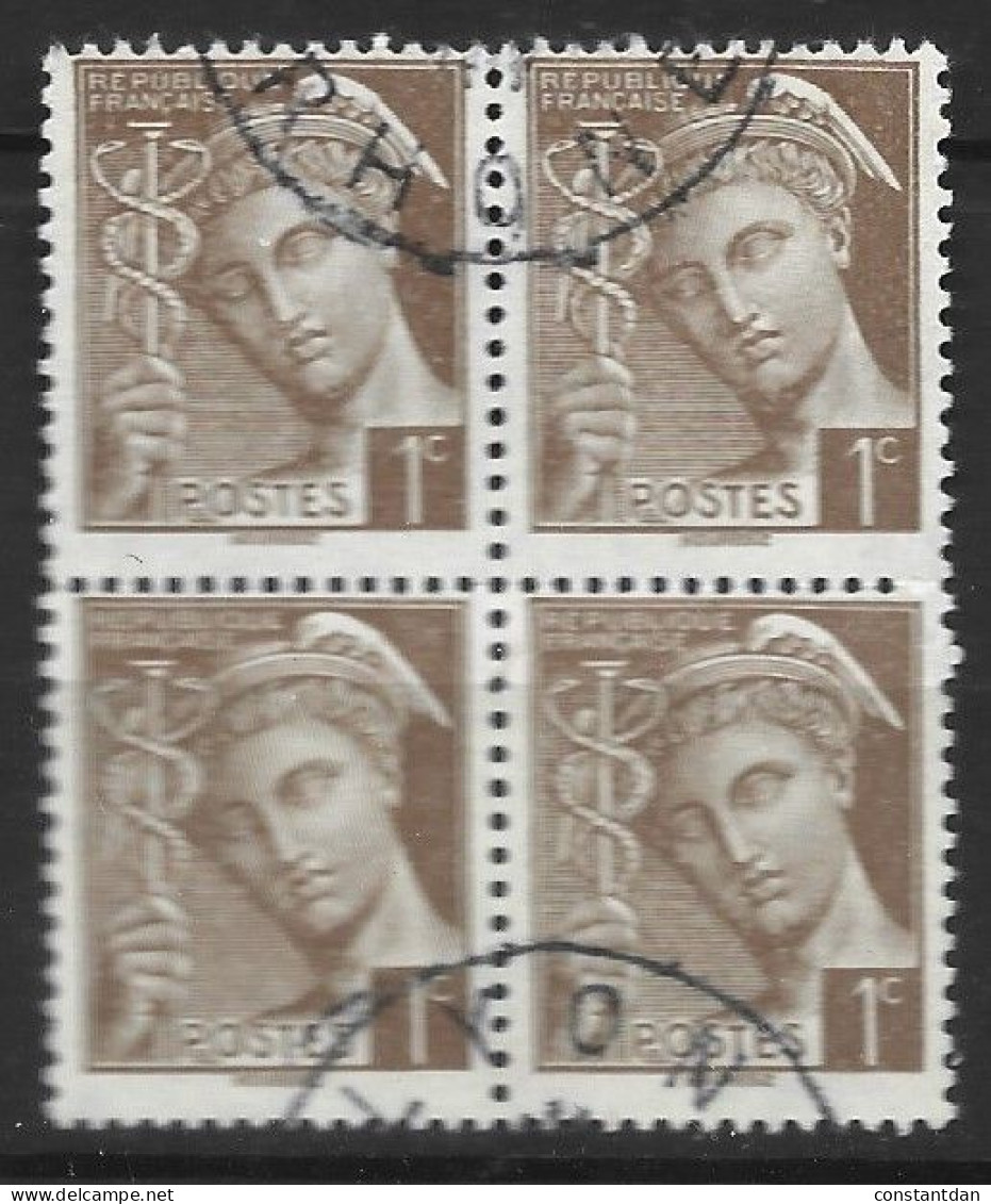 FRANCE N°404 1C SEPIA TYPE MERCURE BLOC  DE 4 OBL - 1938-42 Mercurius