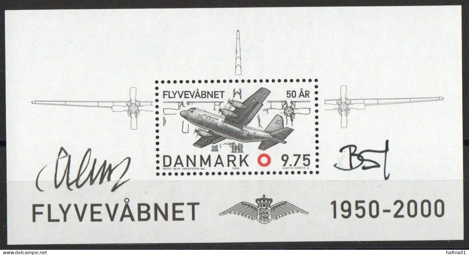 Martin Mörck/Bertil Skov Jørgensen. Denmark 2000. 50 Anniv Air Force. Michel Bl.15 MNH. Signed. - Blocks & Kleinbögen