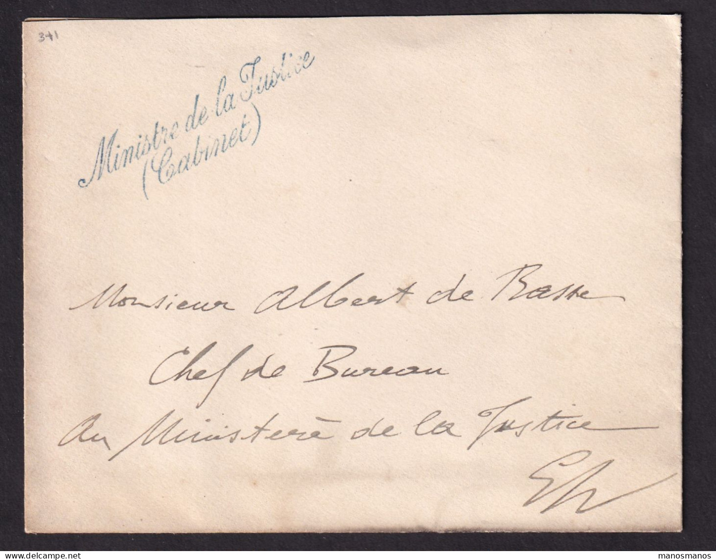 334/40 -- Enveloppe En Franchise Griffe Bleue Ministre De La Justice (Cabinet) - Carte De Visite Du Ministre - Franchise