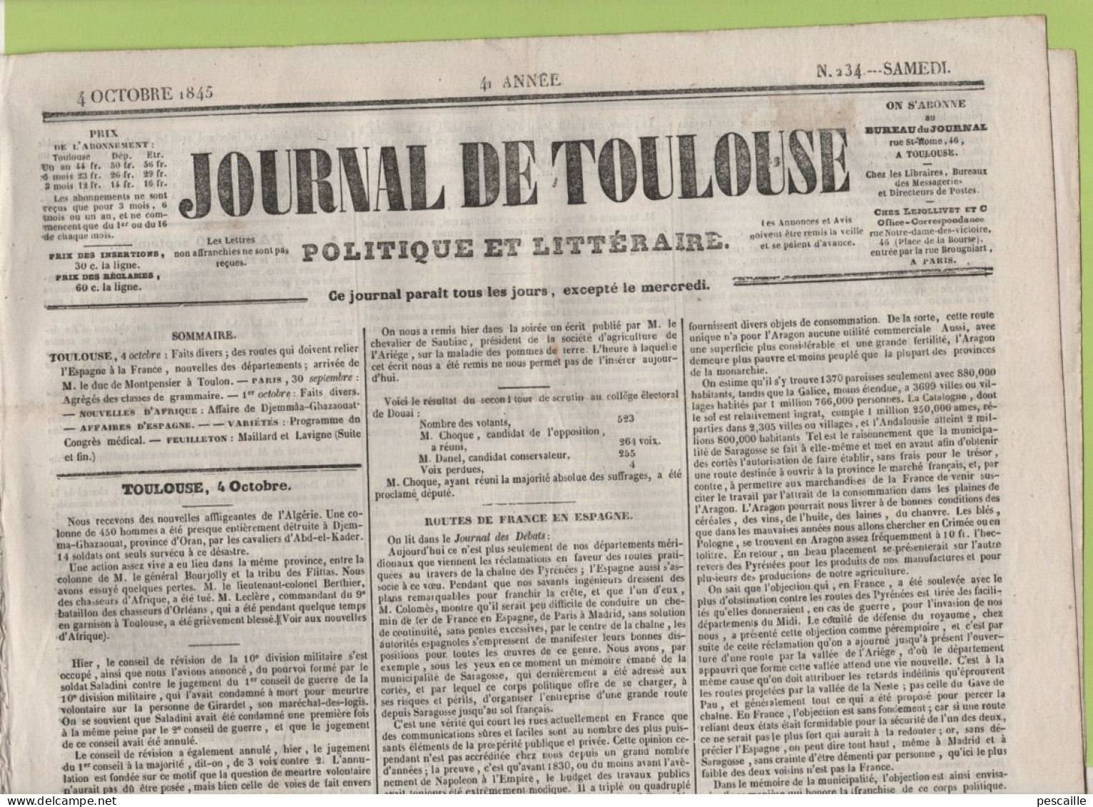 JOURNAL DE TOULOUSE 04 10 1845 - TOULON - CAMARET 84 - MURATO CORSE - BRESIL - TLEMCEN DJEMA-GHAZOUAT BEN-ATIA BEL-ACEL - 1800 - 1849