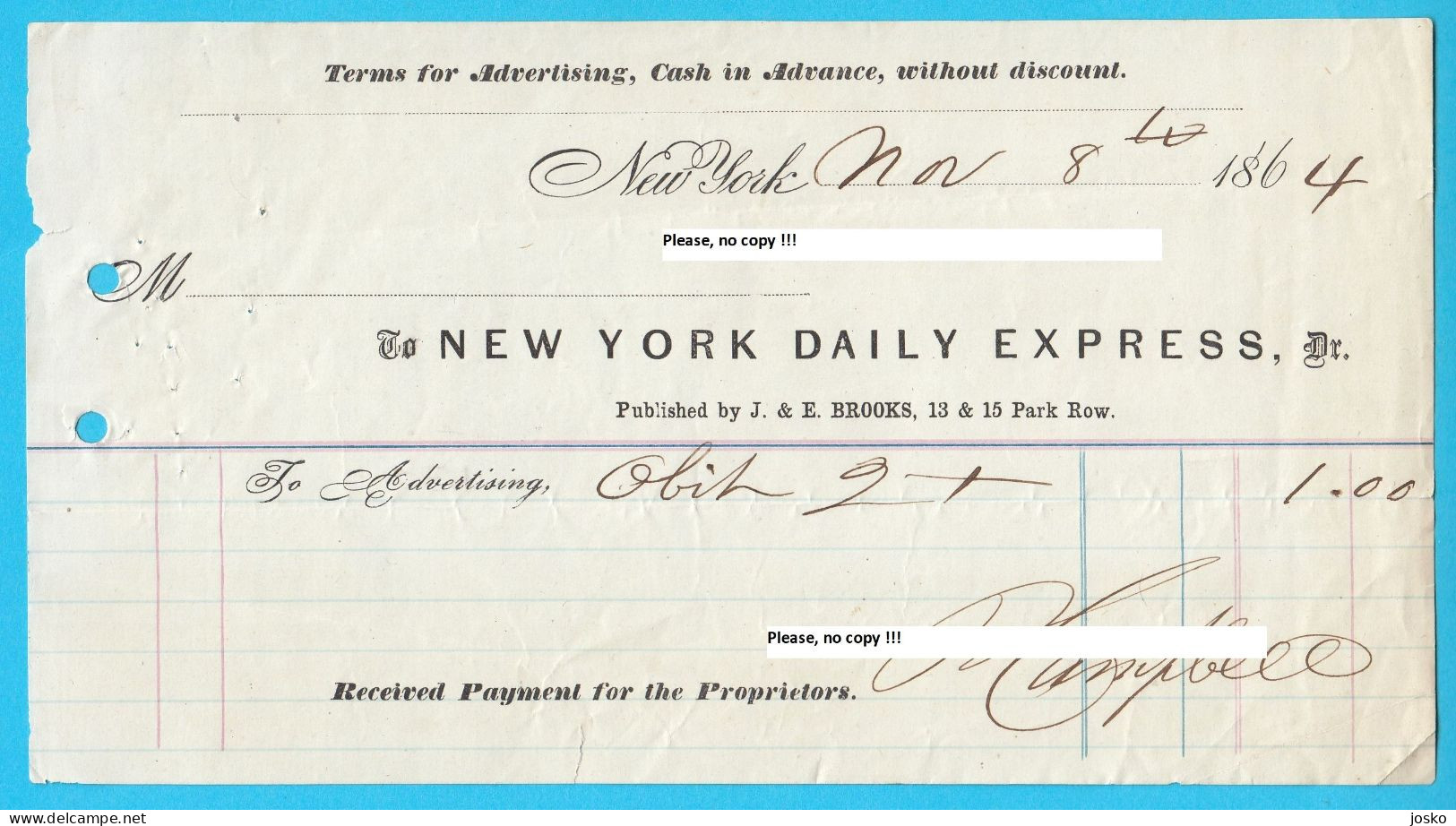 1864 Advertising Payment NEW YORK DAILY EXPRESS - Original Vintage Payment Receipt * USA United States Of America - Estados Unidos
