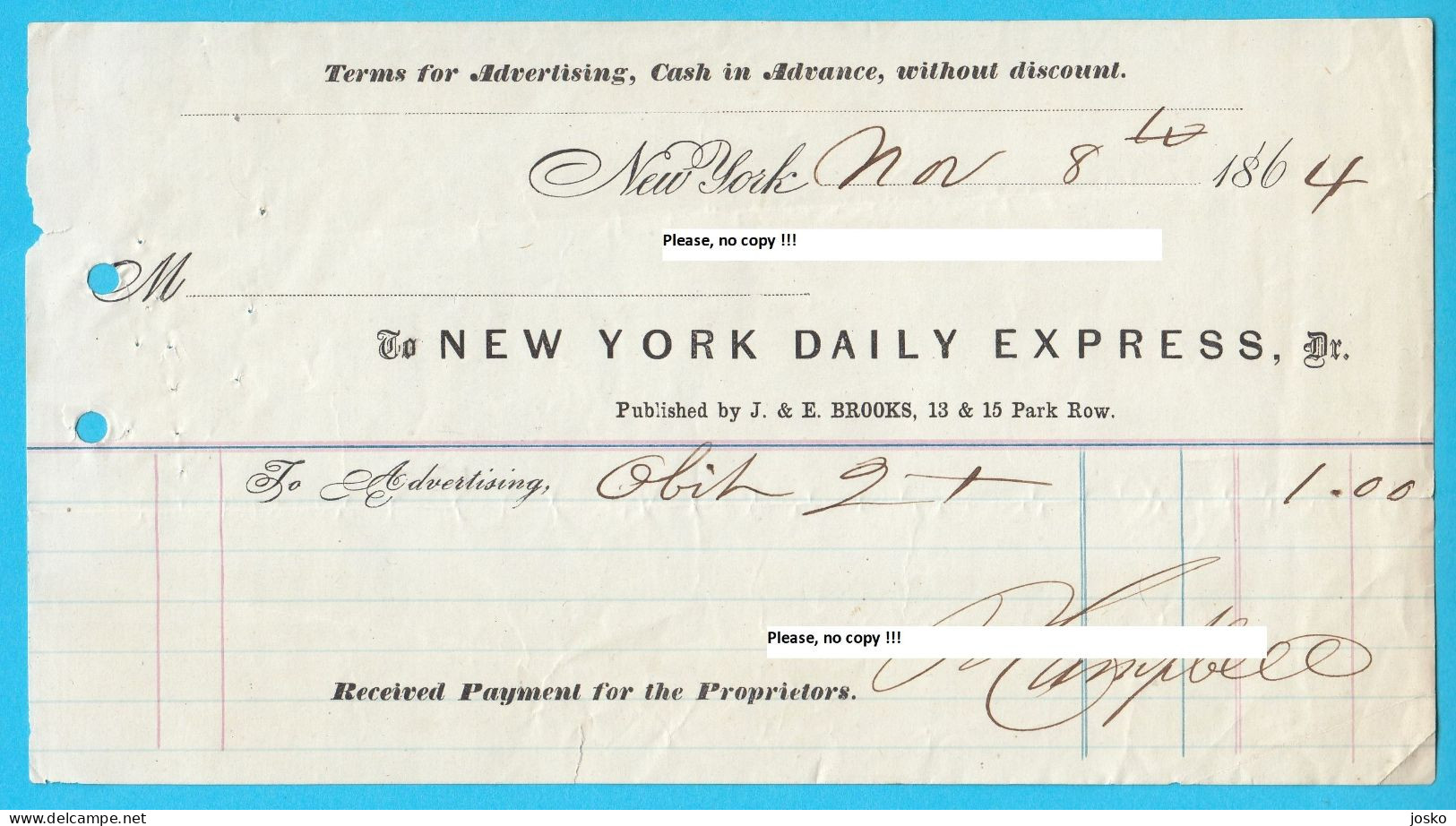 1864 Advertising Payment NEW YORK DAILY EXPRESS - Original Vintage Payment Receipt * USA United States Of America - USA