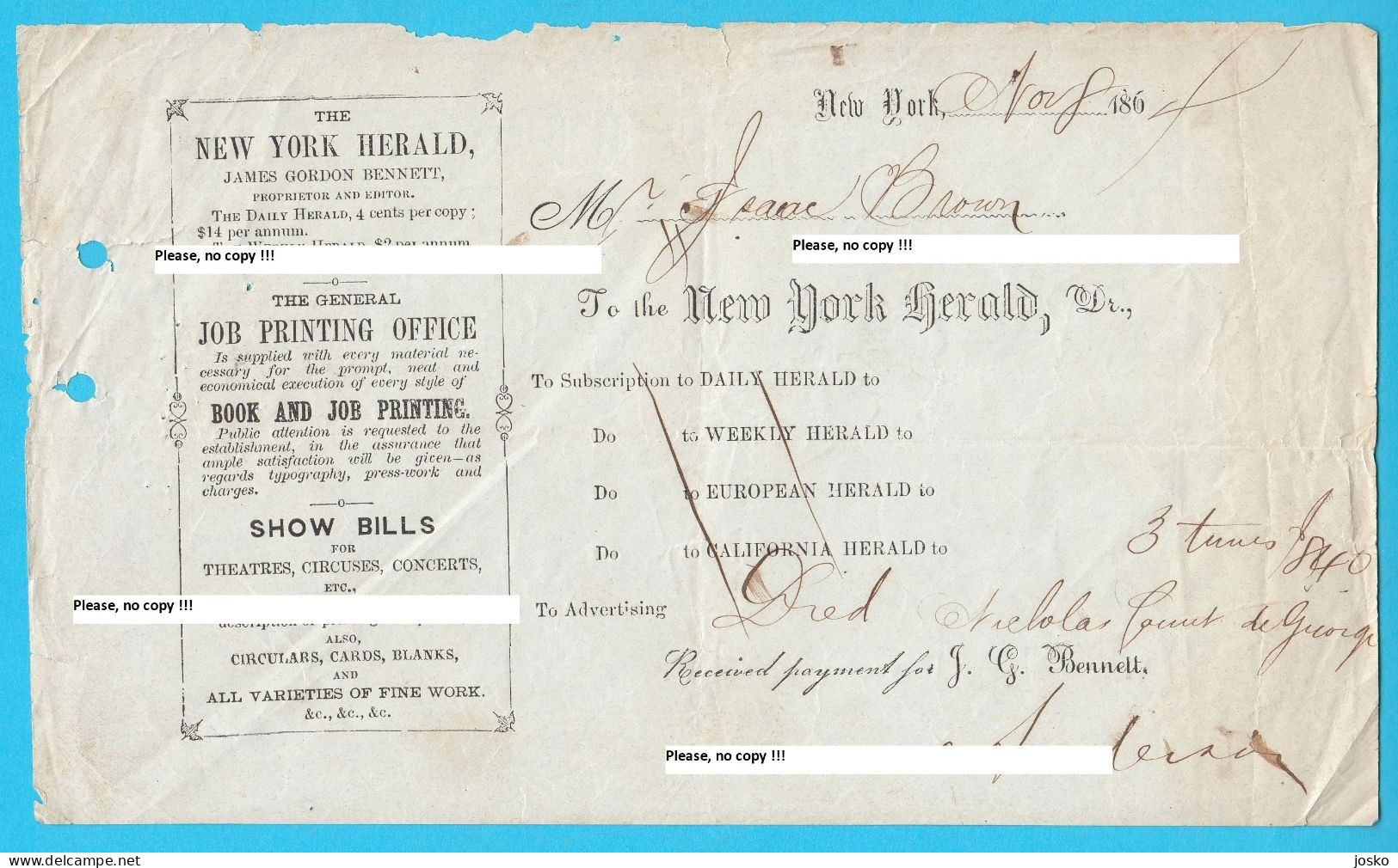 1864 Advertising Payment THE NEW YORK HERALD - Original Vintage Payment Receipt * USA United States Of America - Etats-Unis