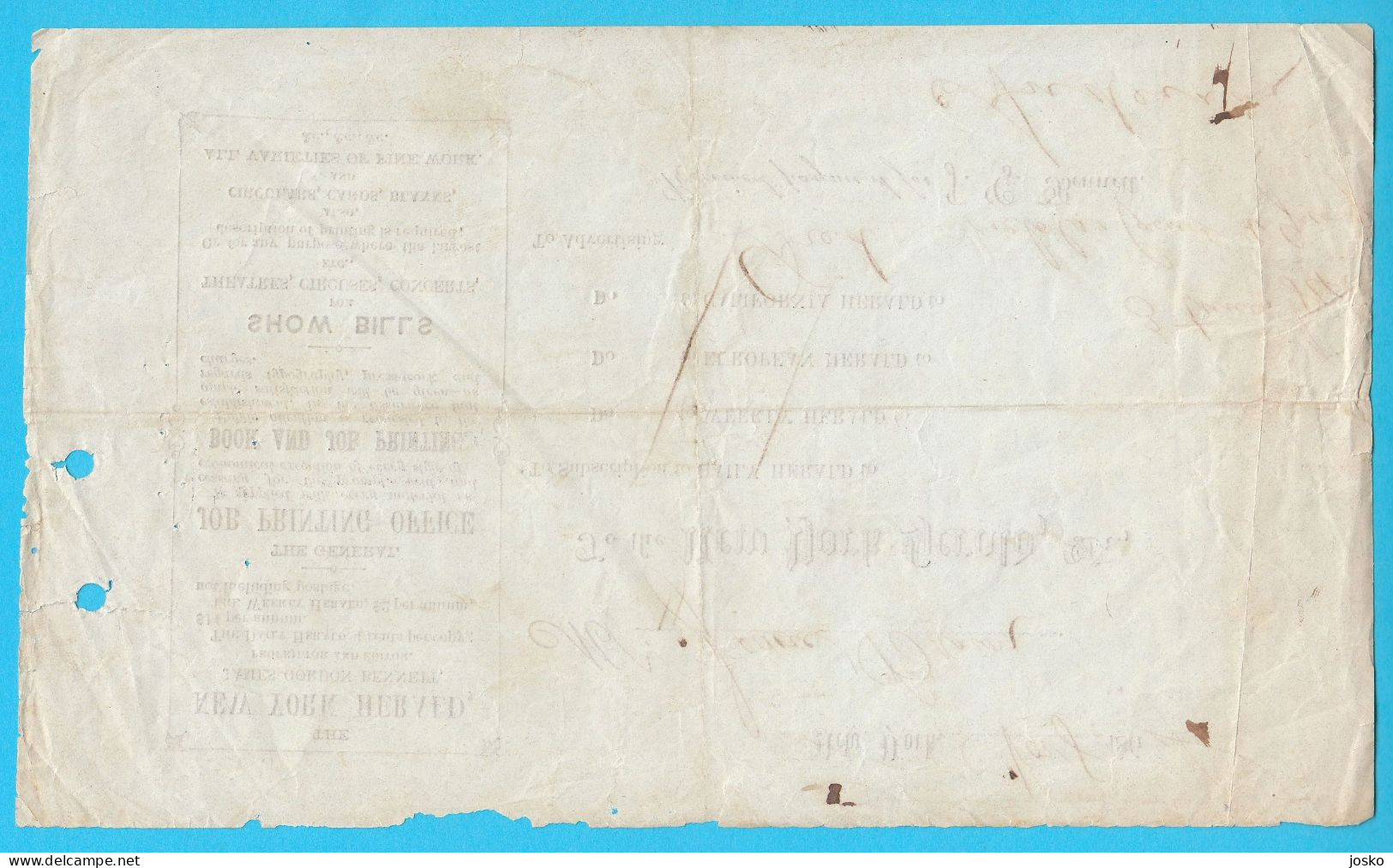 1864 Advertising Payment THE NEW YORK HERALD - Original Vintage Payment Receipt * USA United States Of America - Estados Unidos