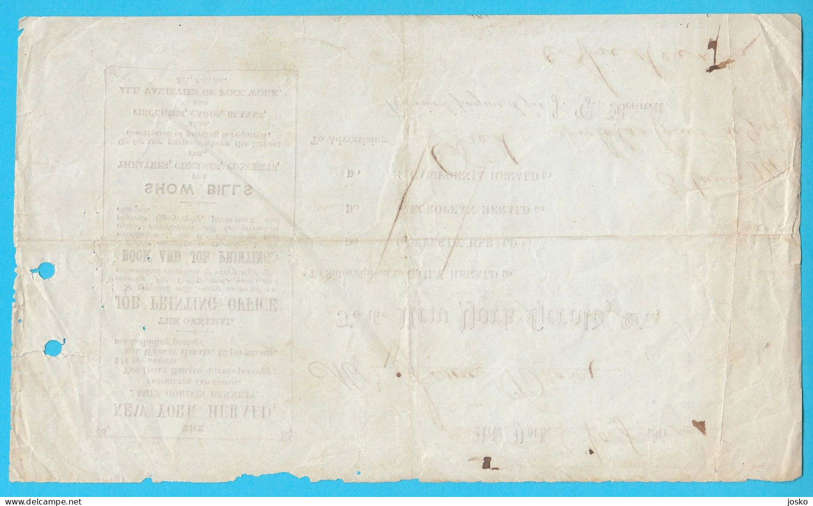 1864 Advertising Payment THE NEW YORK HERALD - Original Vintage Payment Receipt * USA United States Of America - Etats-Unis