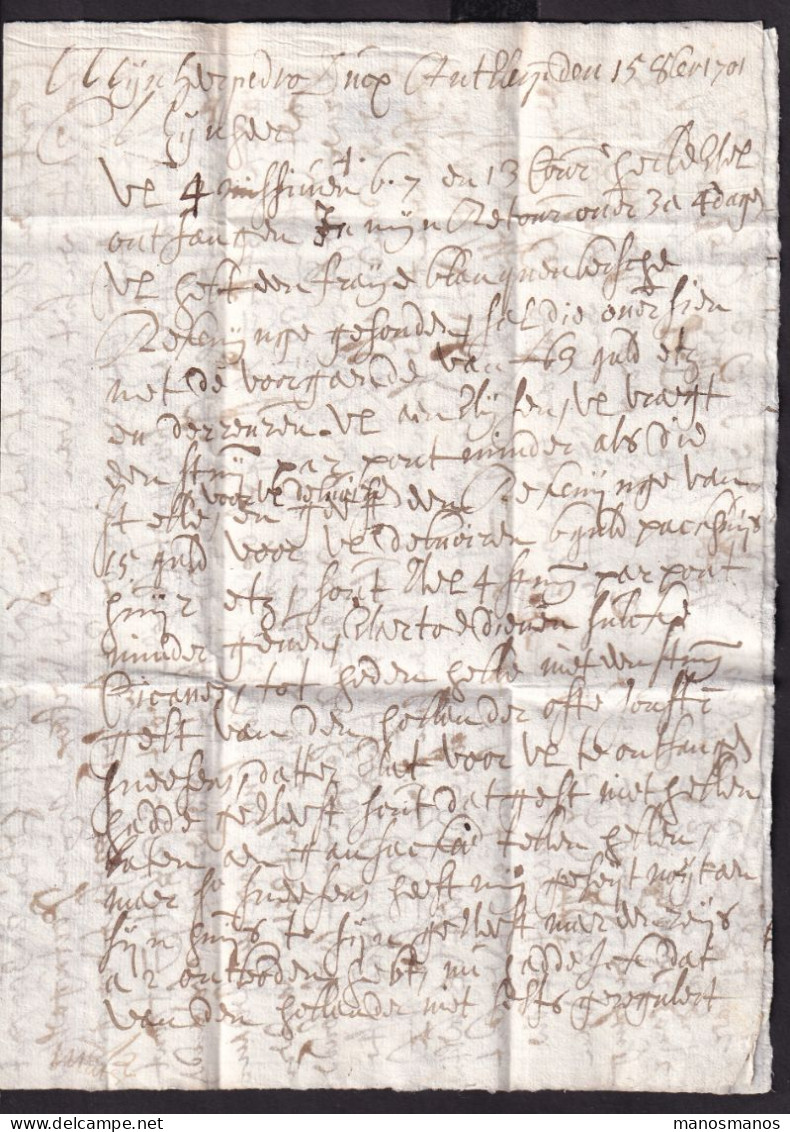 338/40 - Lettre Précurseur 1701 ANTWERPEN Vers BRUXELLES  - Marque Horizontale à La Craie (transport Par Messager) - 1621-1713 (Spaanse Nederlanden)