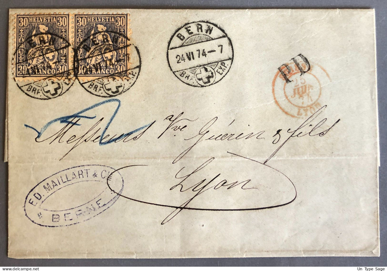 Suisse, Cachet D'entrée SUISSE LYON - 25.6.1874 Sur Lettre - (W1139) - Marcophilie