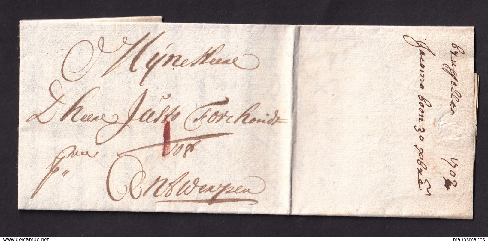 339/40 - Lettre Précurseur 1702  BRUXELLES Vers ANTWERPEN - Marque Verticale à La Craie (transport Par Messager) - 1621-1713 (Pays-Bas Espagnols)