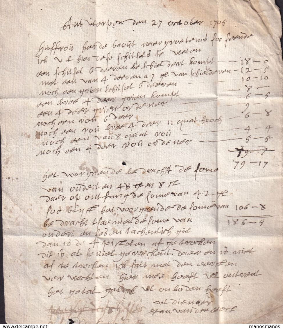 340/40 - Lettre Précurseur 1705  ANTWERPEN Vers BRUXELLES - Marque Verticale à La Craie (transport Par Messager) - 1621-1713 (Spanish Netherlands)