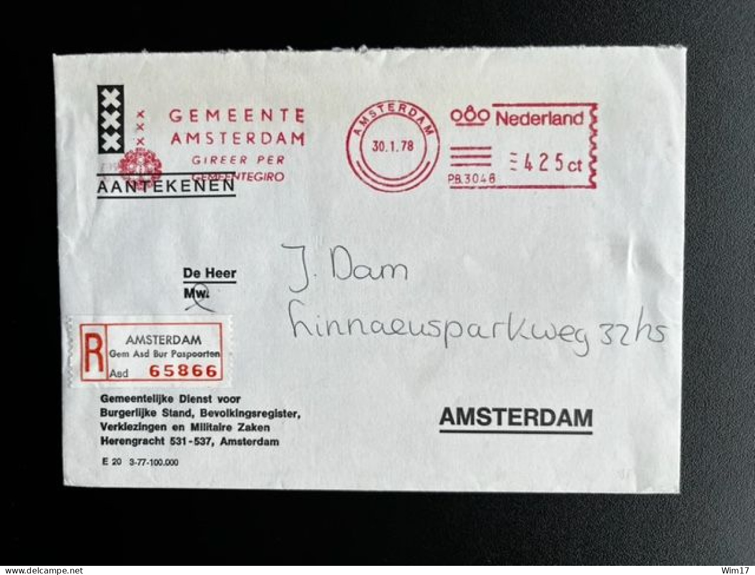 NETHERLANDS 1978 REGISTERED LETTER AMSTERDAM GEM ASD BUR PASPOORTEN 30-01-1978 NEDERLAND AANGETEKEND - Brieven En Documenten
