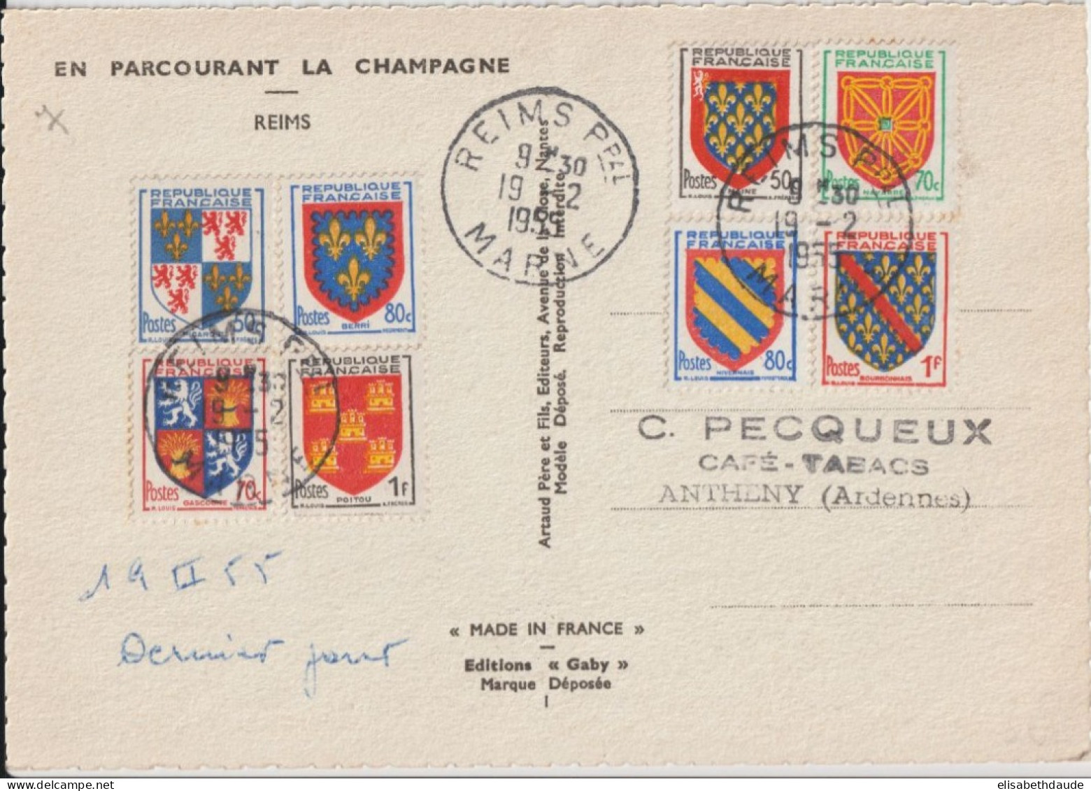 1955 - SERIE ARMOIRIES - DERNIER JOUR ! Sur CARTE ILLUSTREE REIMS CHAMPAGNE - 1941-66 Wapenschilden