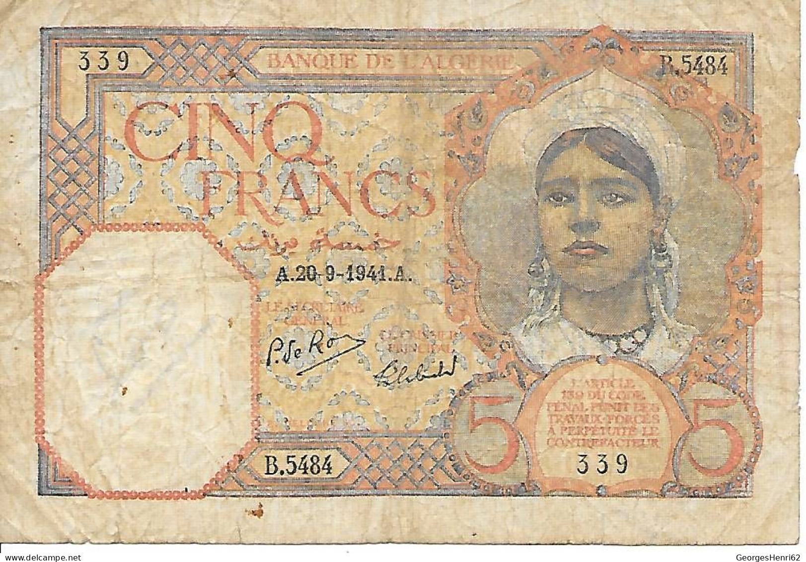 ALGERIE - 5 Francs (77) - 20/9/1941 - Algerije