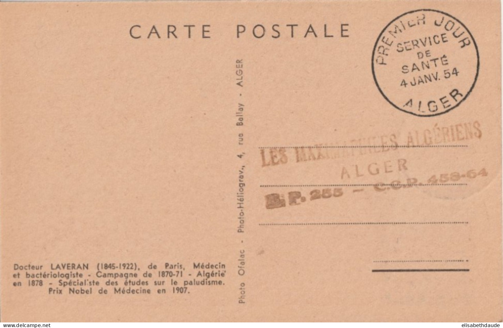 1954 - ALGERIE CARTE MAXIMUM - DOCTEUR LAVERAN - Maximum Cards