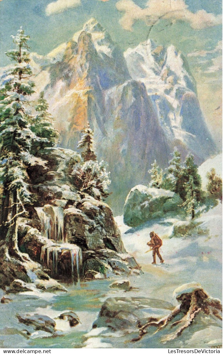 ARTS - Peinture - Hiver - Neige - Homme - Montagne - Carte Postale Ancienne - Malerei & Gemälde