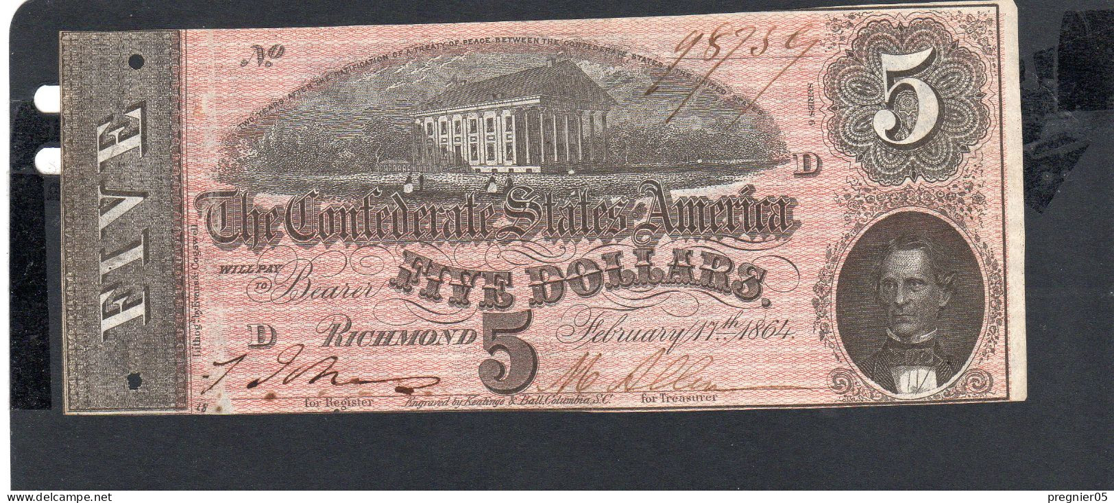 USA - Billet  5 Dollar États Confédérés 1864 SUP/XF P.067 - Confederate (1861-1864)