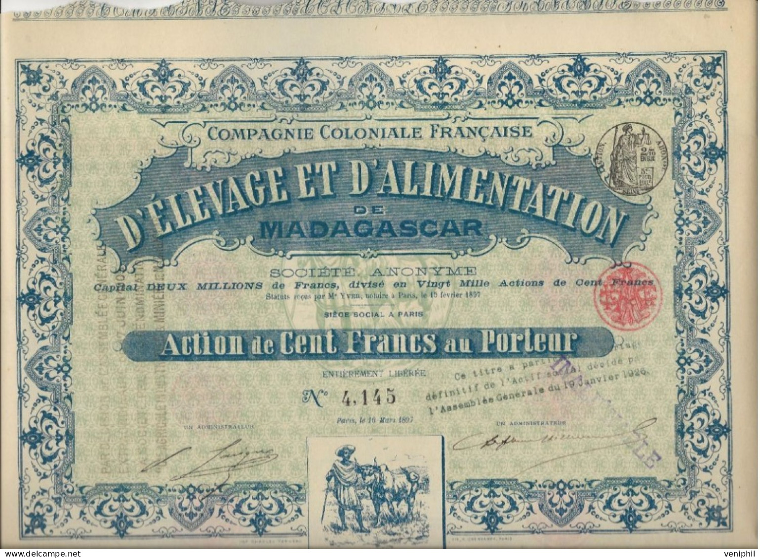 COMPAGNIE COLONIALE D'ELEVAGE ET  D'ALIMENTATION DE MADAGASCAR - ACTION ILLUSTREE DE 100 FRS -ANNEE 1897 - Landwirtschaft