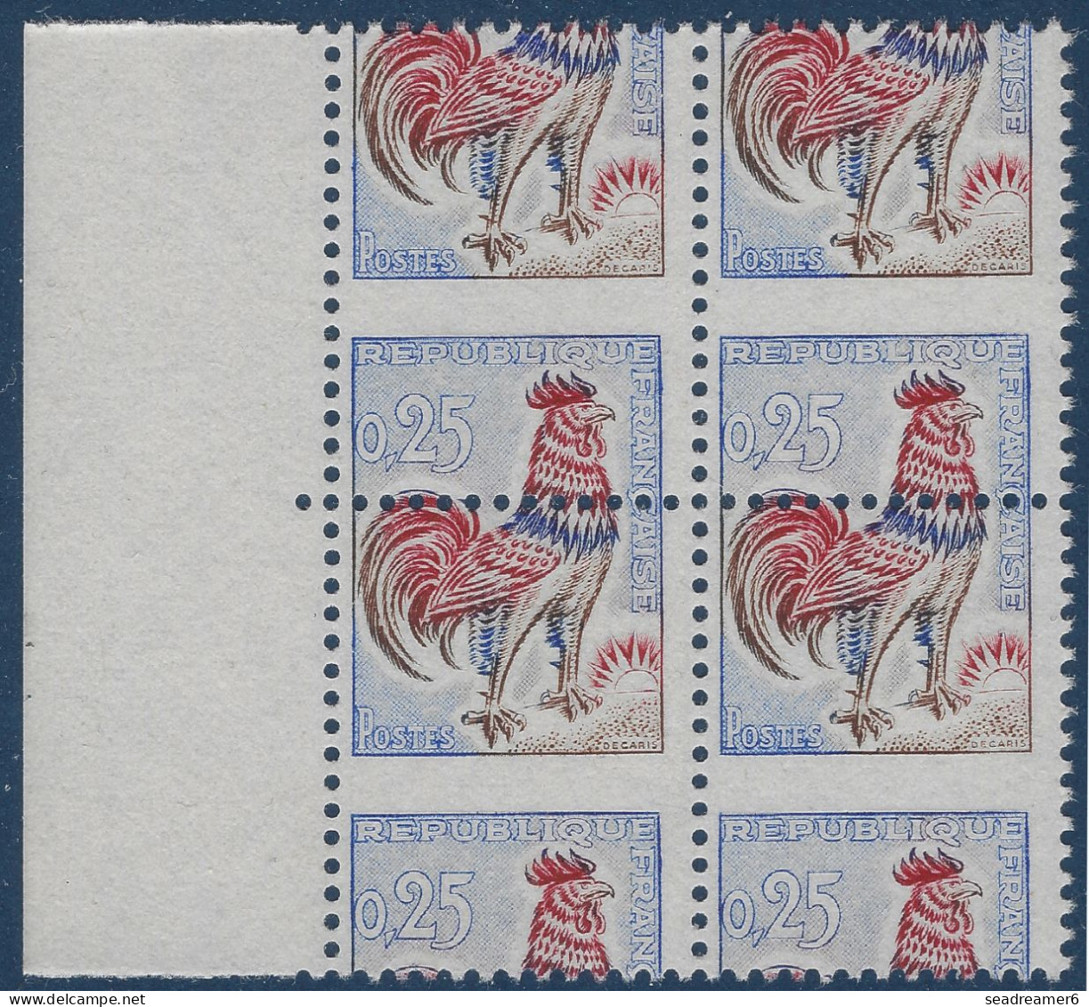 1962 Coq N°1331** 25c Bloc De 4 De Feuille ! Variété De Piquage à Cheval Décalage Extreme BDFeuille !! SPECTACULAIRE - 1962-1965 Hahn (Decaris)