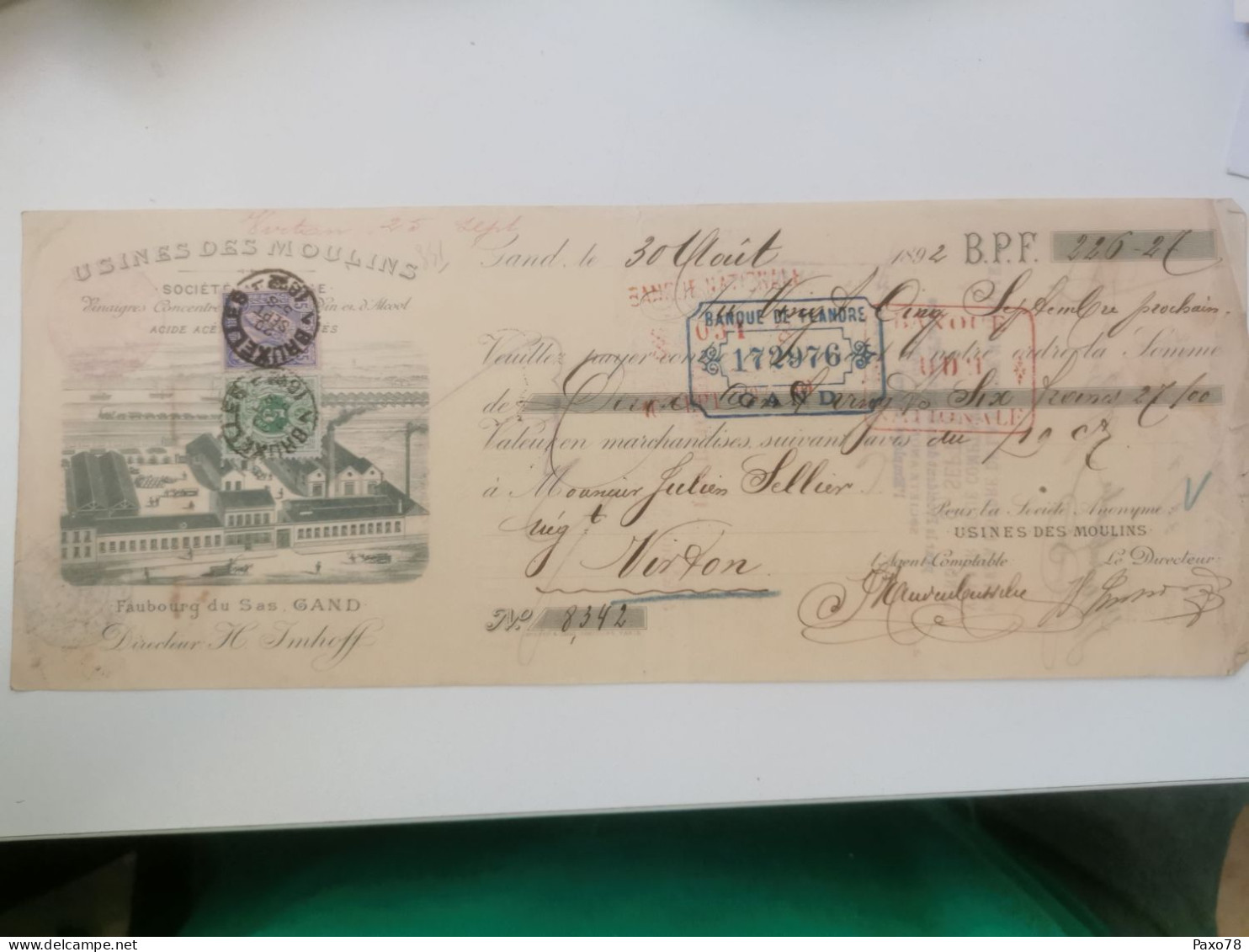 Cheque, Usines Des Moulins, Gand 1892 Avec Timbres 5C Et 25C Leopold II - 1893-1900 Barba Corta