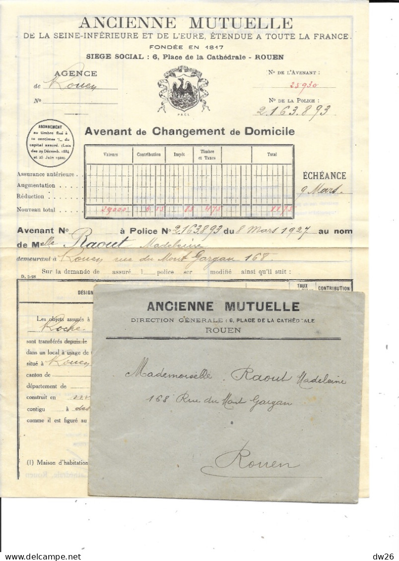 Assurance Ancienne Mutuelle Rouen - Avenant De Changement De Domicile (Mme Raout Madeleine 1927) - Bank & Versicherung