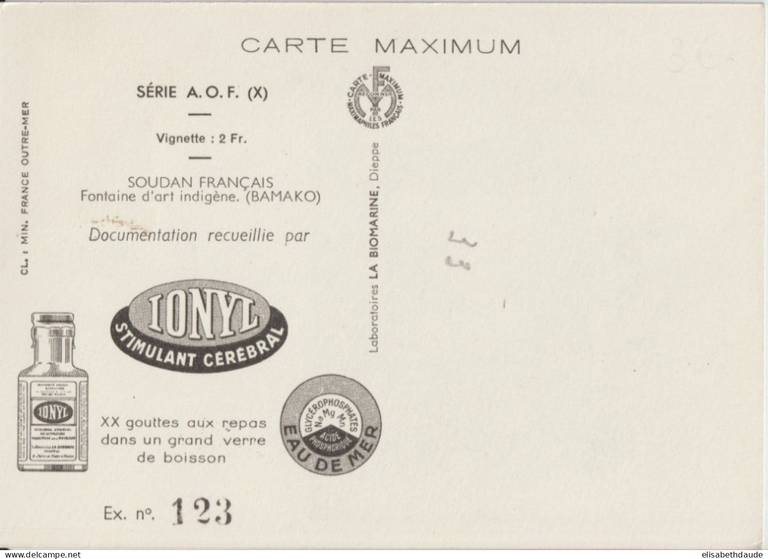 AOF - 1952 - CARTE MAXIMUM PUB MEDICALE IONYL ! OBLITERATION DAKAR (SENEGAL) - ARTS (FONTAINE) DU SOUDAN - Lettres & Documents