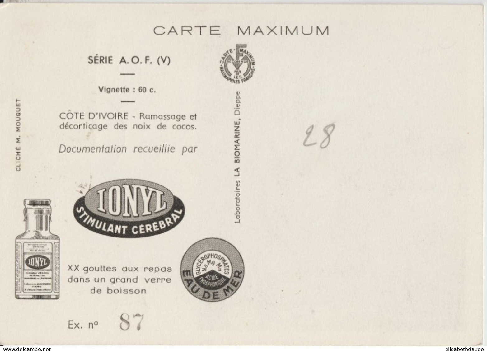 AOF - 1952 - CARTE MAXIMUM PUB MEDICALE IONYL ! OBLITERATION DAKAR (SENEGAL) - NOIX DE COCOS / COTE D'IVOIRE - Lettres & Documents