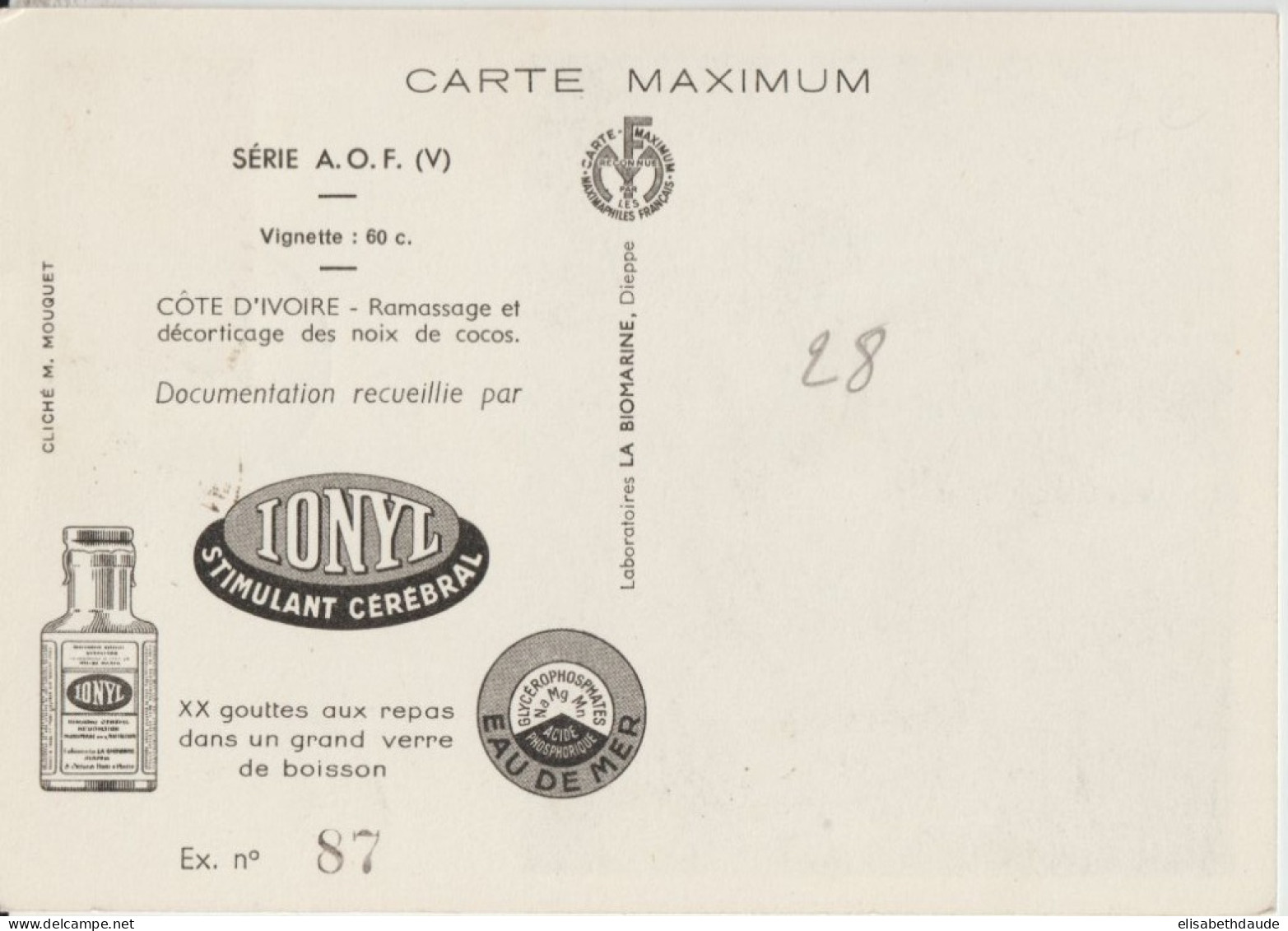 AOF - 1952 - CARTE MAXIMUM PUB MEDICALE IONYL ! OBLITERATION DAKAR (SENEGAL) - NOIX DE COCOS / COTE D'IVOIRE - Covers & Documents