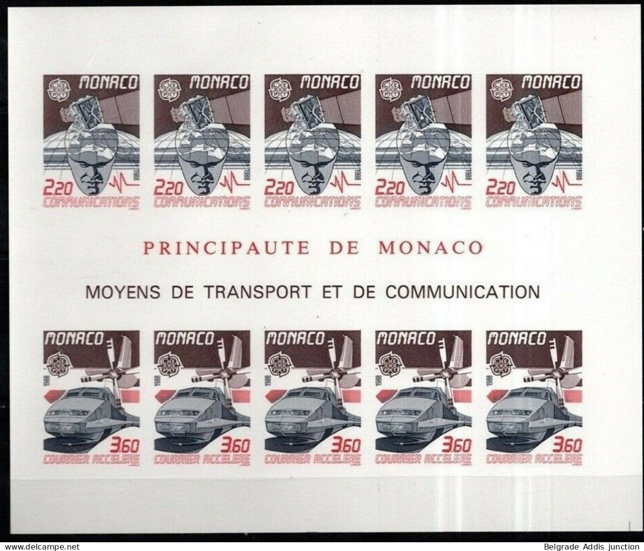 Monaco Yvert Bl.41a Bloc-Feuillet Non-Dentelé NSC / MNH / ** 1988 Europa Espace Satellite Train Chemins De Fer - Variétés