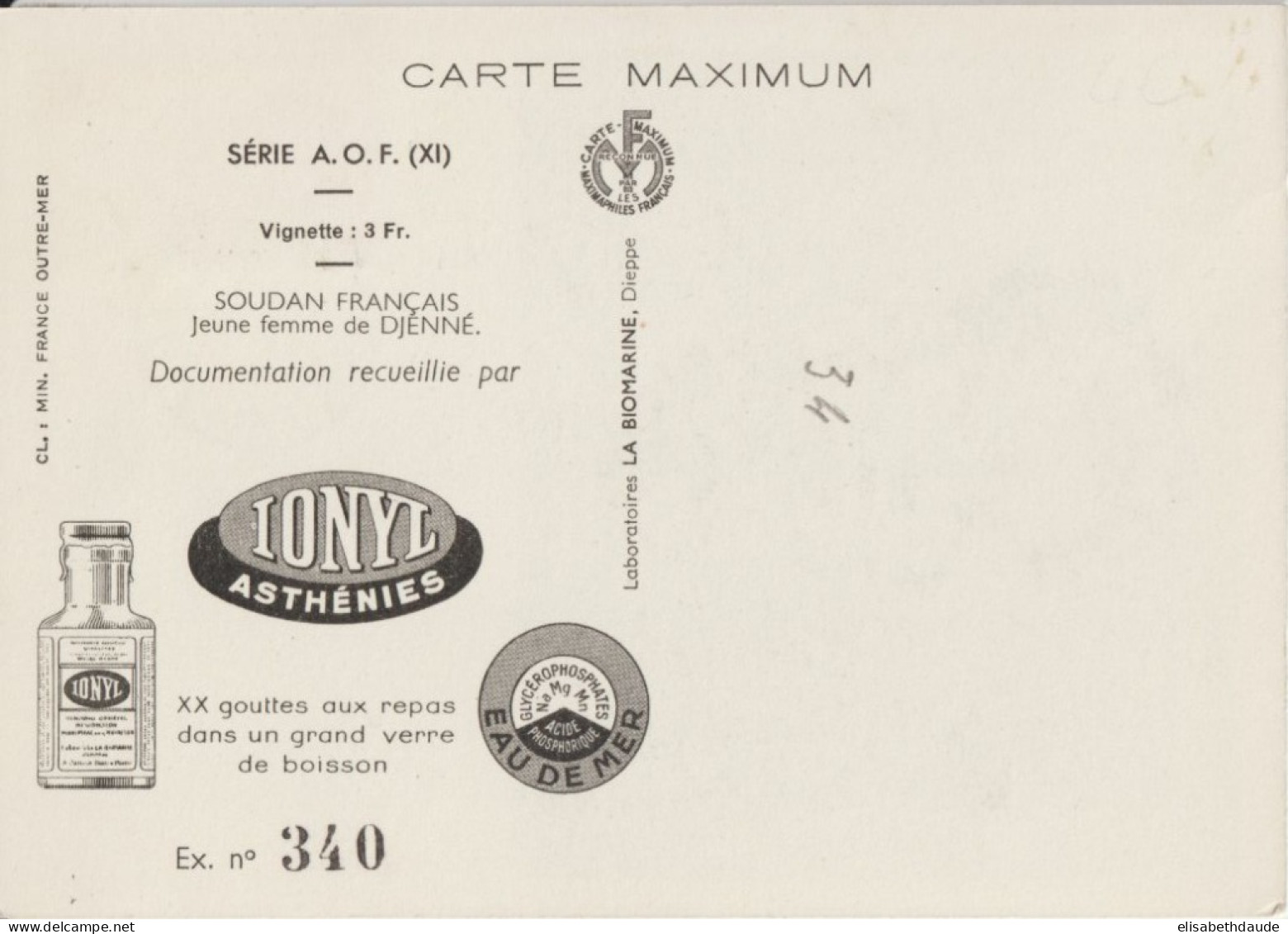 AOF - 1952 - CARTE MAXIMUM PUB MEDICALE IONYL ! OBLITERATION DAKAR (SENEGAL) - FEMME DE DJENNE / SOUDAN - Lettres & Documents