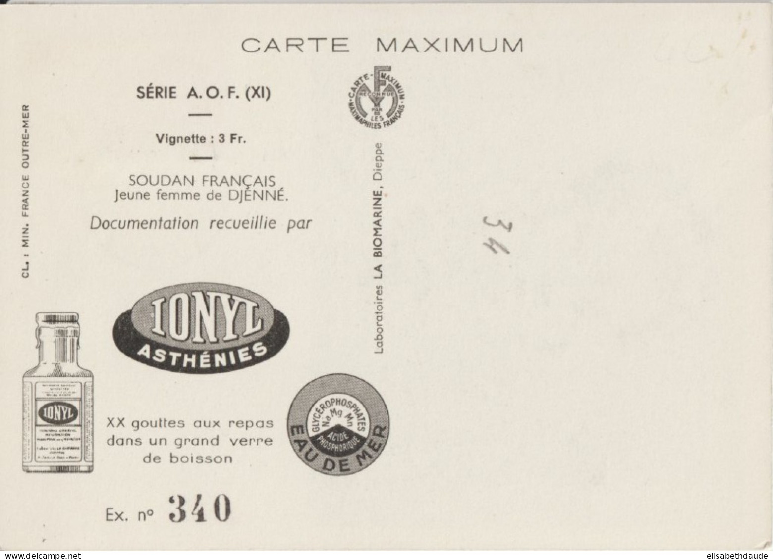 AOF - 1952 - CARTE MAXIMUM PUB MEDICALE IONYL ! OBLITERATION DAKAR (SENEGAL) - FEMME DE DJENNE / SOUDAN - Cartas & Documentos