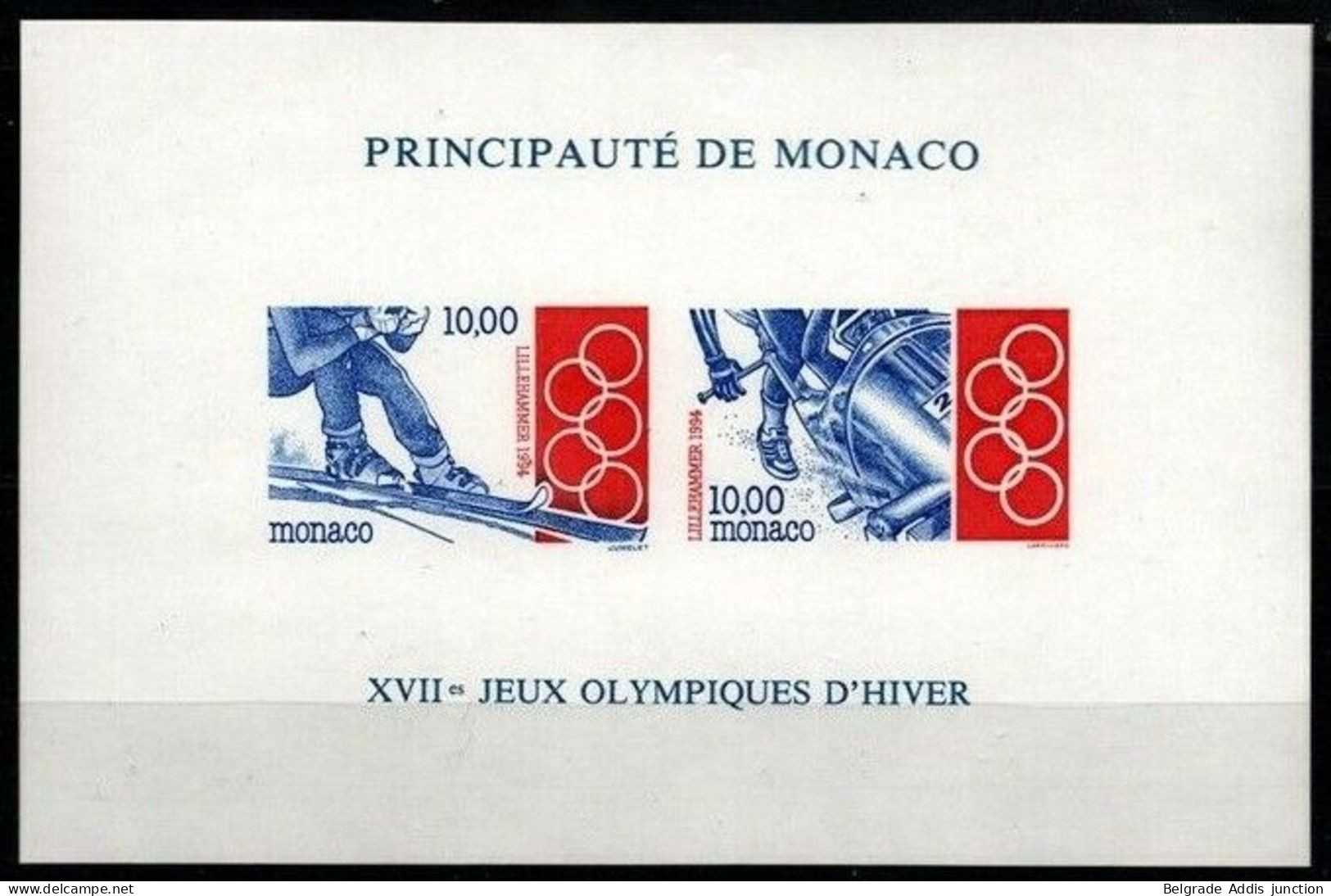 Monaco Yvert Bl.63a Souvenir Sheet Imperforated MNH / ** 1994 Winter Olympic Games Lillehammer Olympics - Inverno1994: Lillehammer