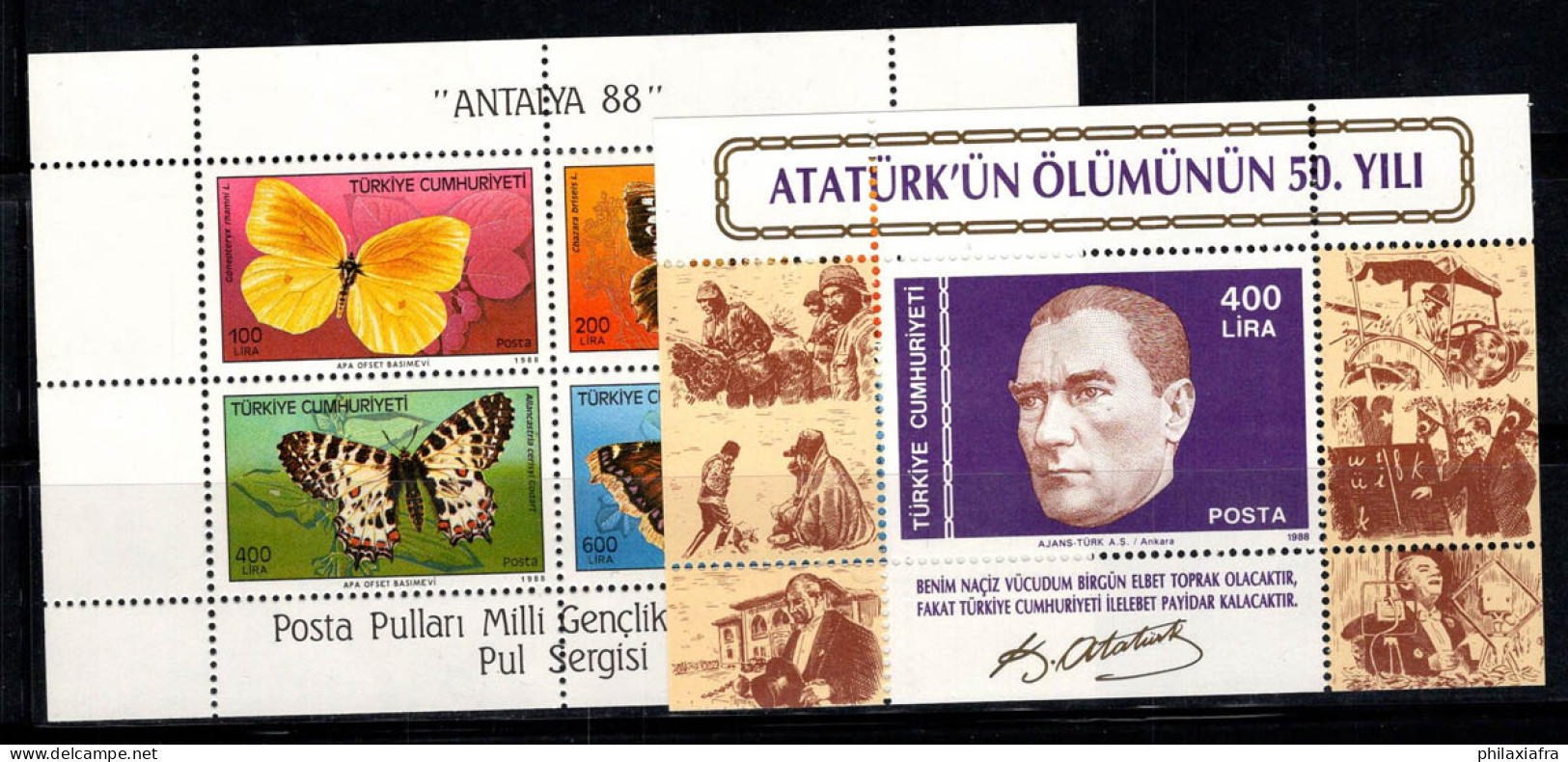 Turquie 1988 Mi. Bl.26-27 Bloc Feuillet 100% Neuf ** Papillons,Kemal Atatürk - Blocks & Kleinbögen